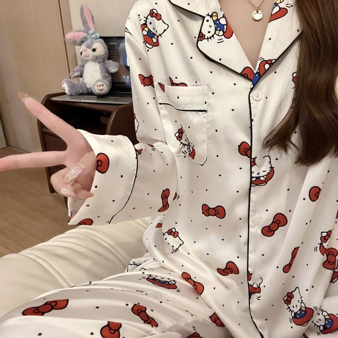

Bow kitty cat Korean version ins cute pajamas women s spring and autumn new long-sleeved trousers loungewear spot M recommended weight 40-52.5kg