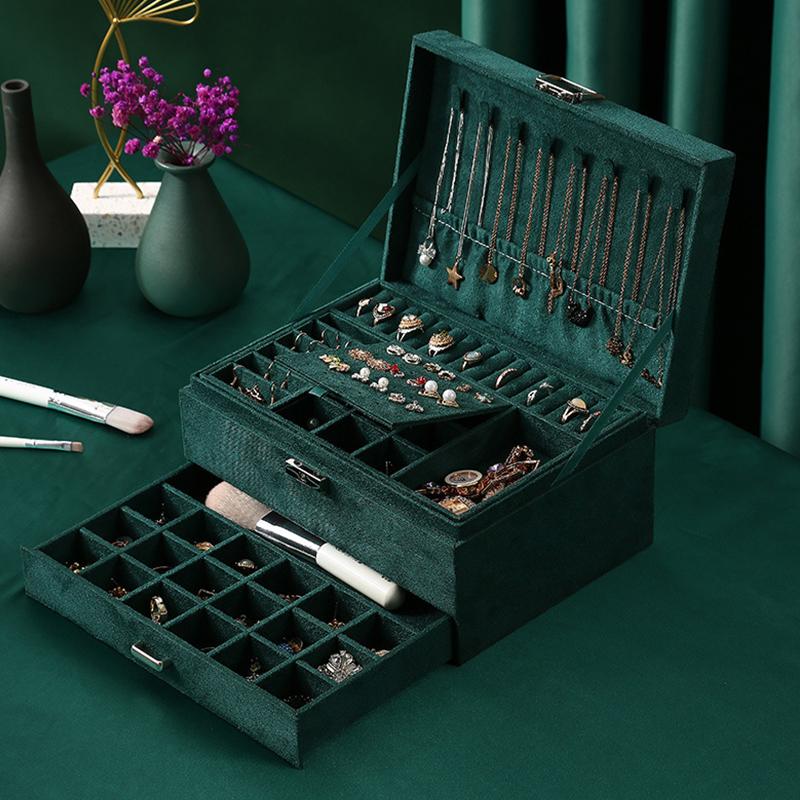 Große 3-lagige Schmuckschatulle mit Lederoberfläche, Schubladenschrank, Halsketten-Organizer