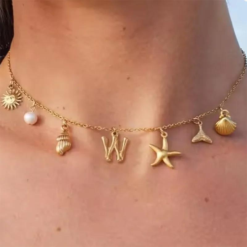 Surfer Girl Necklace Beach Jewelry Initial Necklace for Girlfriend Seashell Letter Choker Women Gift Starfish Pearl Accesorios
