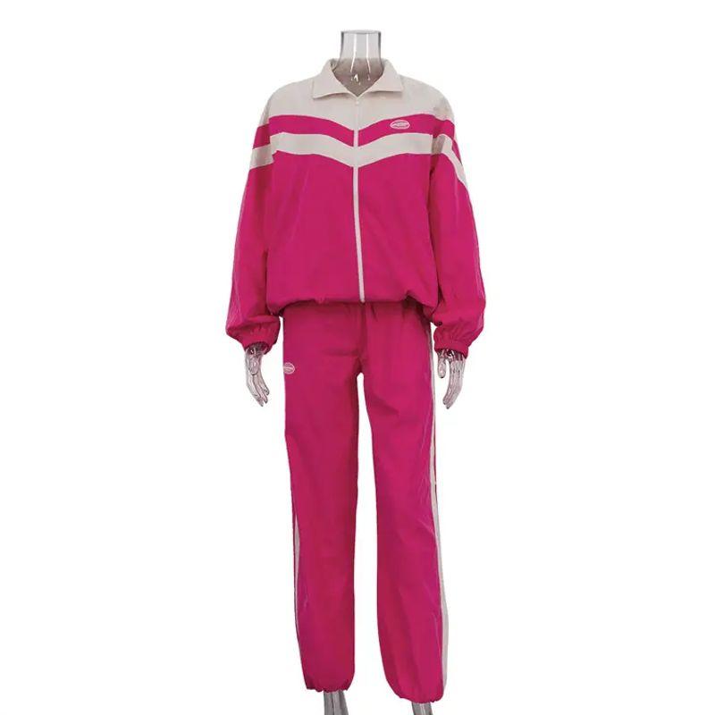 Two Piece Pants Set Sports Style Contrast Color Set Lapel Long Sleeve Outerwear Loose Trousers Two-piece Set
