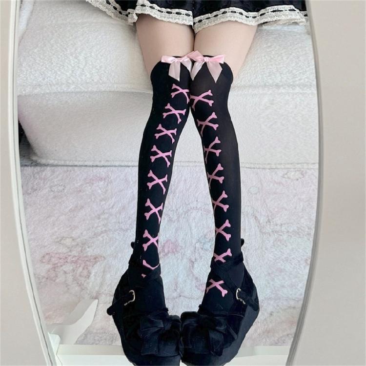 Calze Autoreggenti con Accenti di Fiocchi Stampa Cuore Scheletro Ragazza Anime Cosplay Festival Calze Lunghe Sopra il Ginocchio per Donne