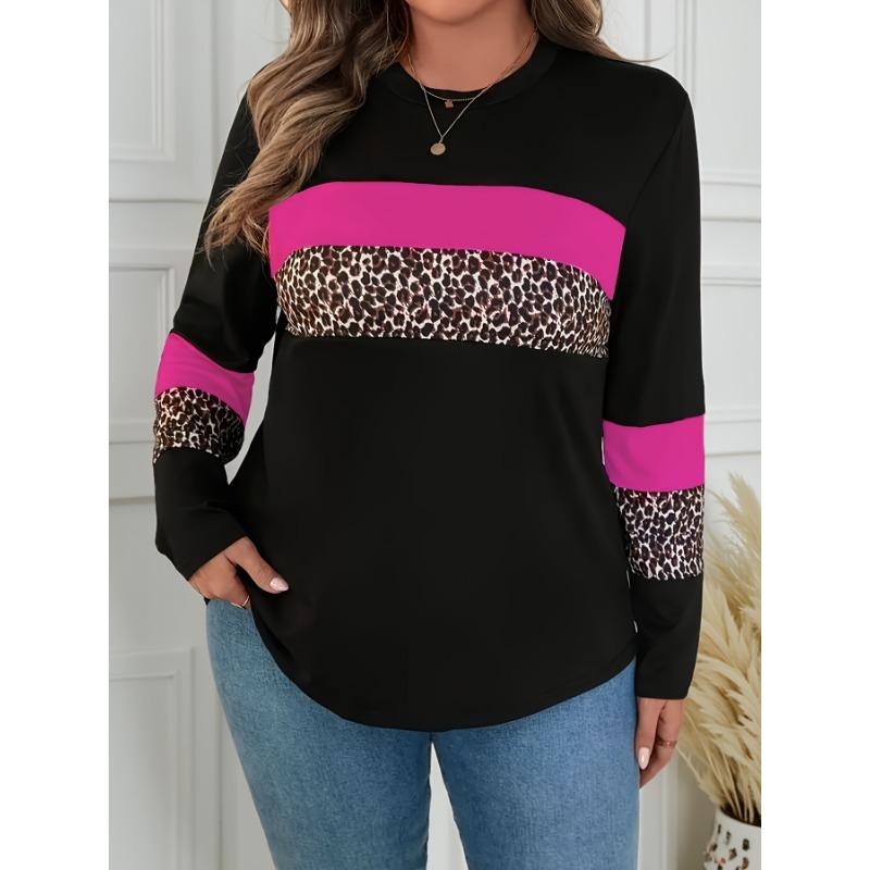 Plus Size, Plus-size Leopard Print, Color-block, Printed, Round-neck Casual Long-sleeve T-shirt, Suitable for Spring and Autumn. Women's Clothing