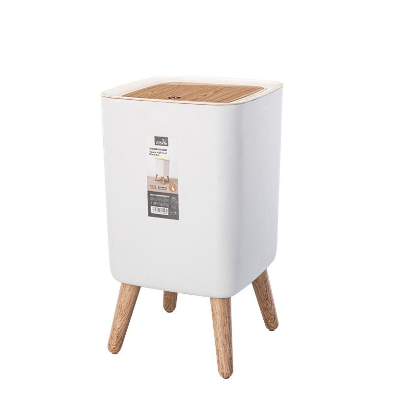 Elevated Wood-Grain Trash Can with Push-Button Lid - Japanese-Style for Living Room or Bedroom
