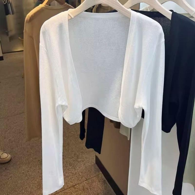 Black thin ice silk knitted cardigan for women with suspender skirt, summer outer sunscreen blouse, air-conditioning shirt, shawl jacket