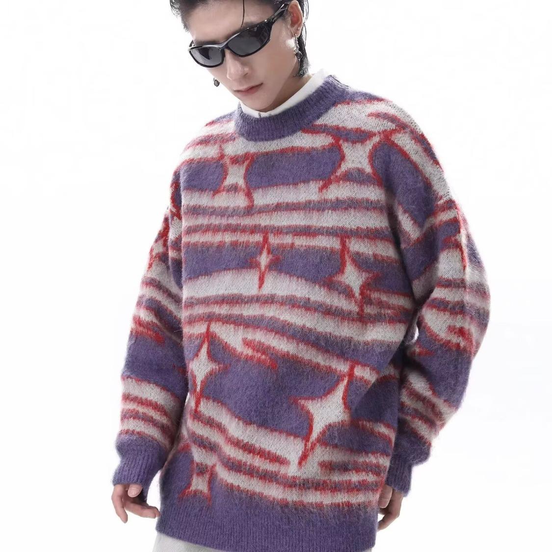 

Men s Trendy Color Block Striped Sweater - Soft, Fluffy, Round Neck, Long Sleeve, Loose Casual Fit for Couples XL червоний