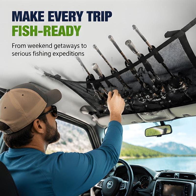 Overhead Car Rod Storage Net with Mesh Ceiling Panel, Strap Mount Rack for Vehicle Rod Transport, Cabin Order, and Fishing Travel Use, 80 x 55 cm