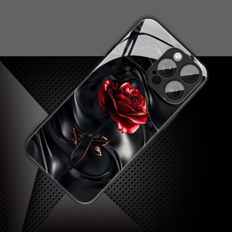 Abstract Red Rose Pattern Tempered Glass Material Phone Case For Samsung Galaxy S25 S24 S23 Ultra Plus FE Shockproof Cover