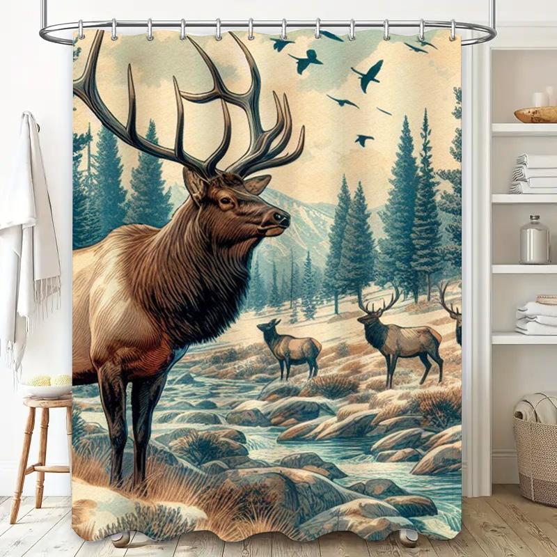 Outdoor Deer Shower Curtain Wildlife Home Decor Bath Mat Elk Print Waterproof Fabric Bathroom Decoration Multicolored Size: 72 x