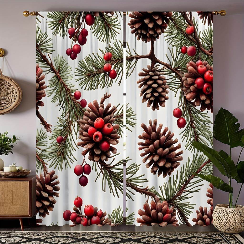 Contemporary Christmas Pinecone Berry Curtains Semi Transparent Style Bedroom Living Room Decor Set Of 2 Made Polyester Machine Washable Sitting