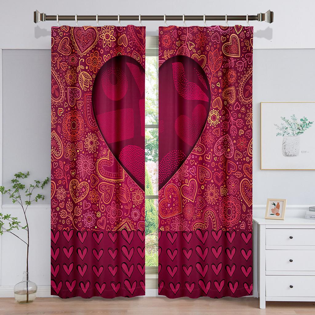 2pcs Love Heart Flower Happy Valentine's Day Window CurtainS for Bedroom Kitchen Living Room Study Window Treatment Home Decor