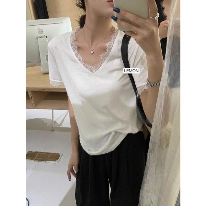 

Summer new French temperament lace v-neck front shoulder short-sleeved t-shirt women s design small loose top M белый