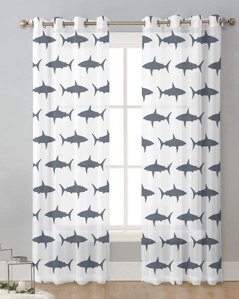 Cartoon Hai Meer Grau Transparente Vorhänge für Wohnzimmerdekoration Fenstervorhänge für Küche Tüll Voile Organza Vorhänge