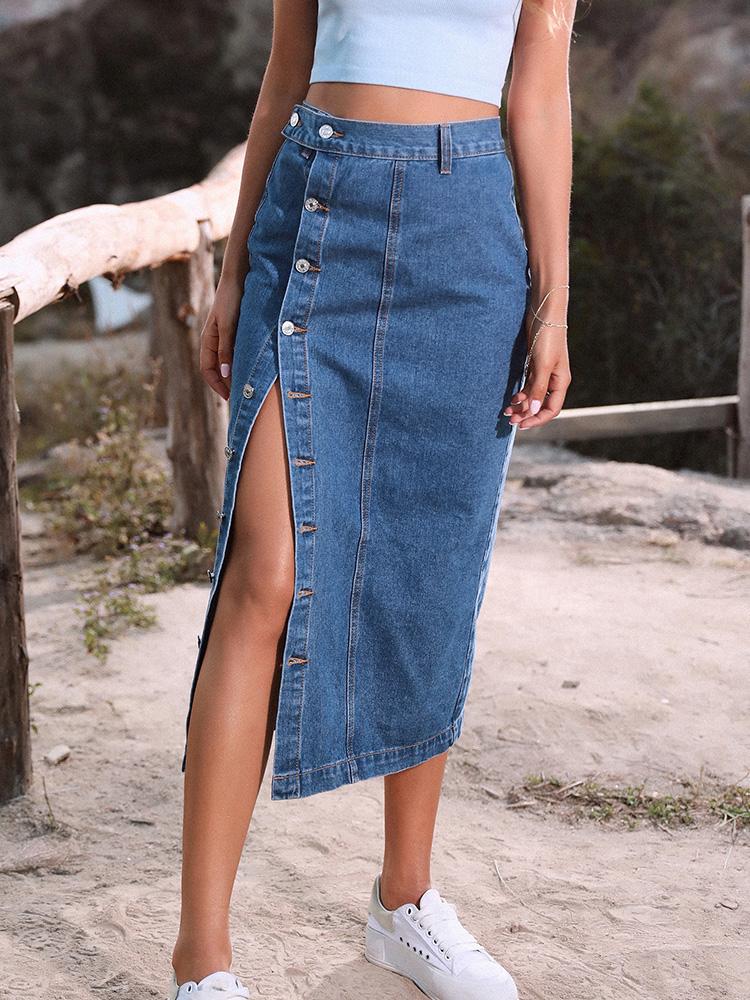 Sexy Streetwear Button Women Skirt Autumn Winter Elegant Denim Skirt Female High Waist Casual Bodycon Long Skirts