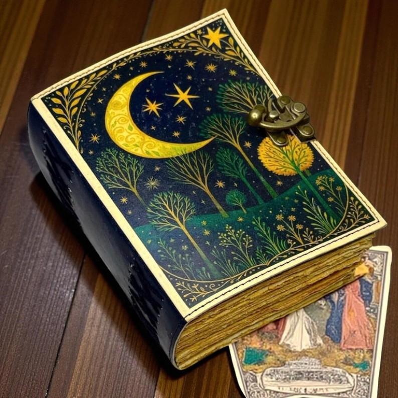 Handmade Leather Moonlight Forest Journal – Mystic Night Sky Design with Deckle Edge Vintage Paper, 5x7” Artisan Notebook 200 Pages