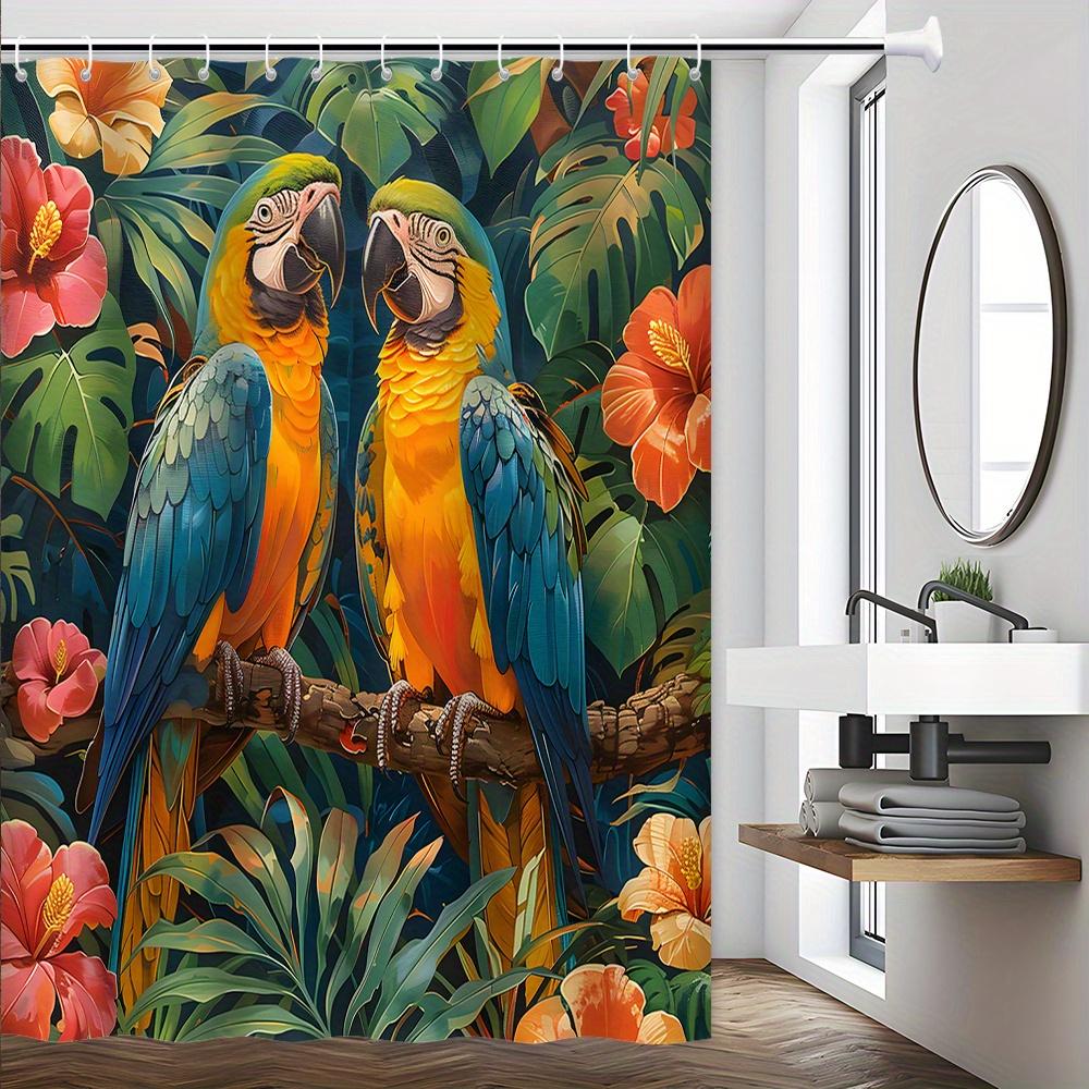 Vibrant Tropical Parrot Bath Curtain - Colorful Birds & Exotic Flowers, Waterproof Home Decor Adds Jungle Charm to Your Bathroom W90XH180cm