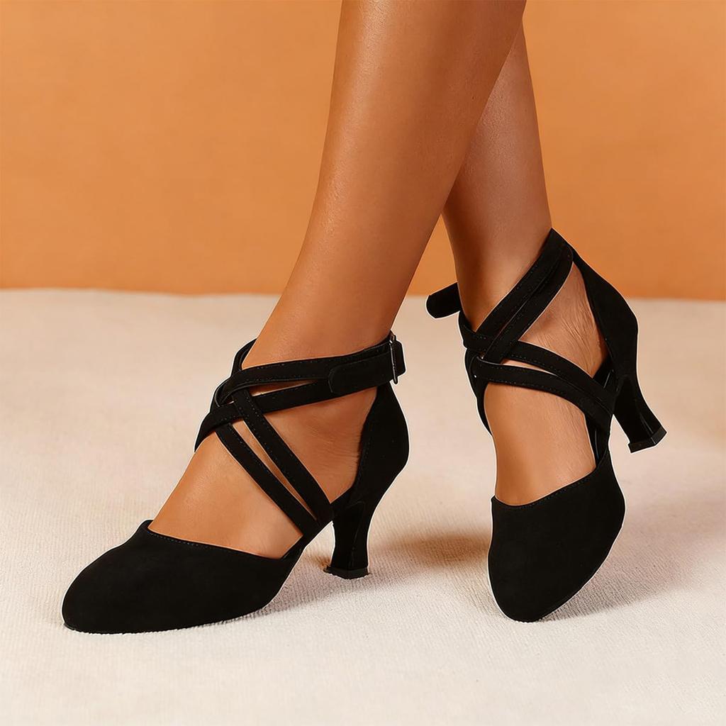 Women's Ballroom Latin Suede Dance Shoes Tango Waltz Closed Toe Party Dance Shoes Sandals With Heel