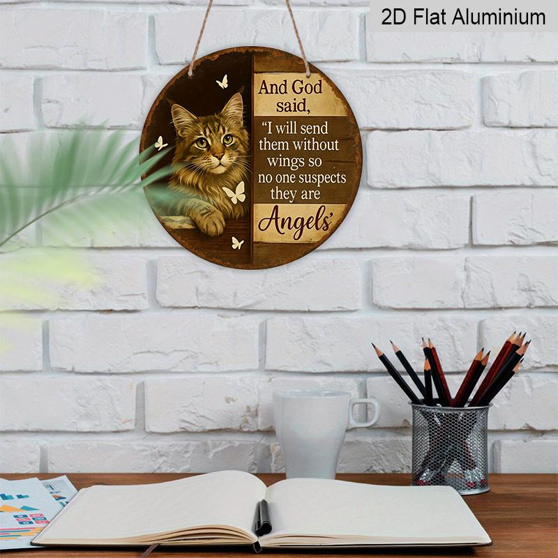 2D Flat, 1pc Aluminum Metal Sign, Inspired by Cats and Butterflies, Decor Features Christian Quote and Wingless Angel Motif.Suitable for
