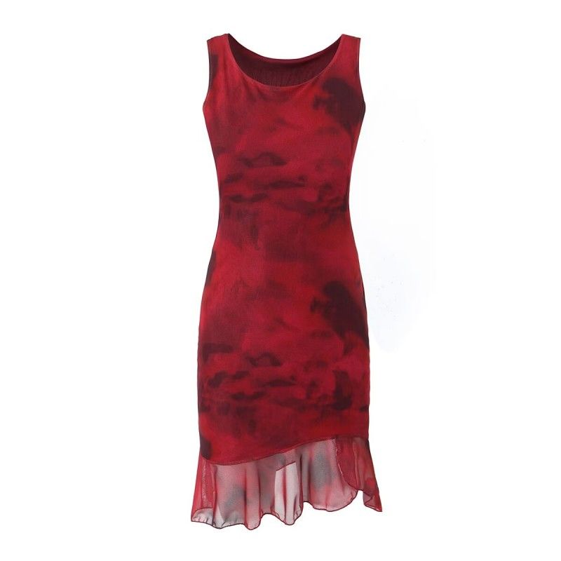 

Sexy Tie-Dyed Asymmetrical Vest Dress Mesh Red Tie Dye(High quality) L