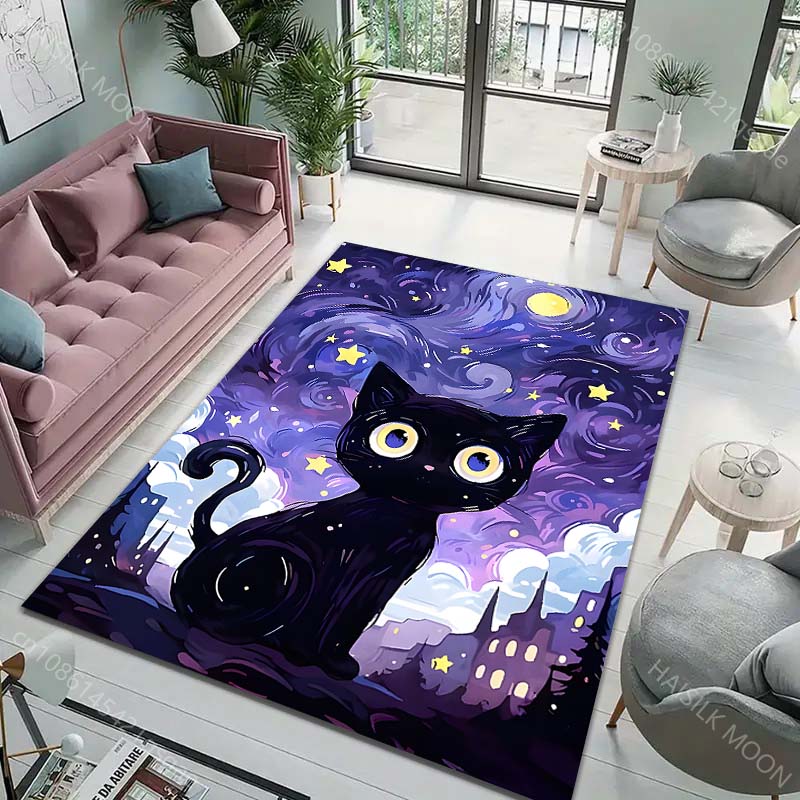 Multiple Sizes Black Cat Starry Sky Print Carpet Rug for Living Room Bedroom Sofa Doormat Home Decor Non-slip Floor Mat