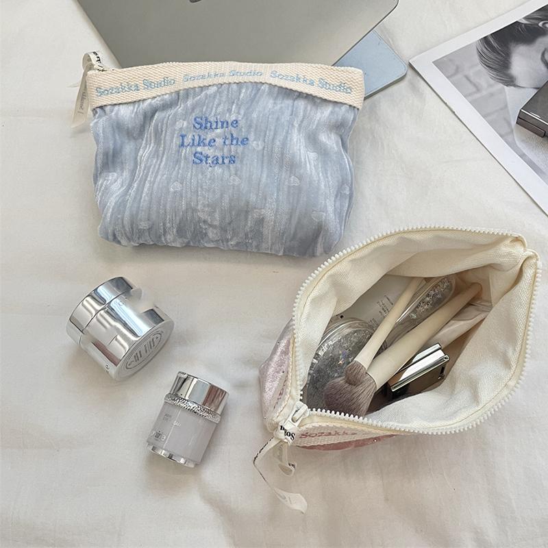 Slim Velvet Makeup Bag with Elegant Embroidery High Capacity Cosmetic Organizer Pouch Travel Wash Storage Toiletry Bag for Women