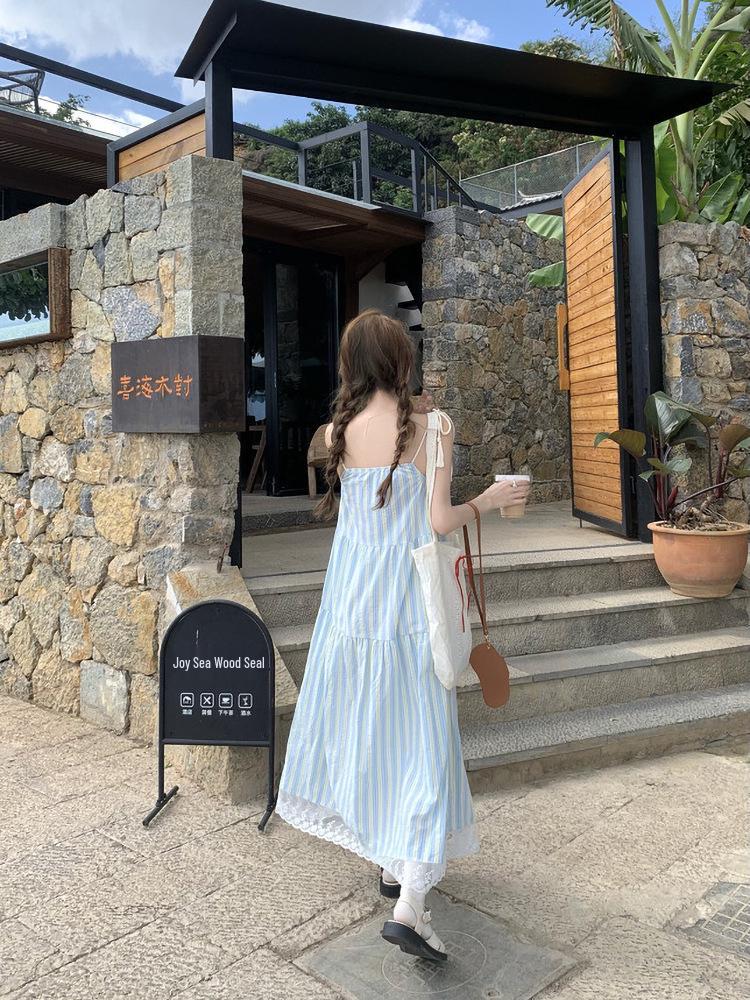 Women's Seaside Striped Camisole Dress - French Style Summer 2026, Loose Fit, Petite Long Dress