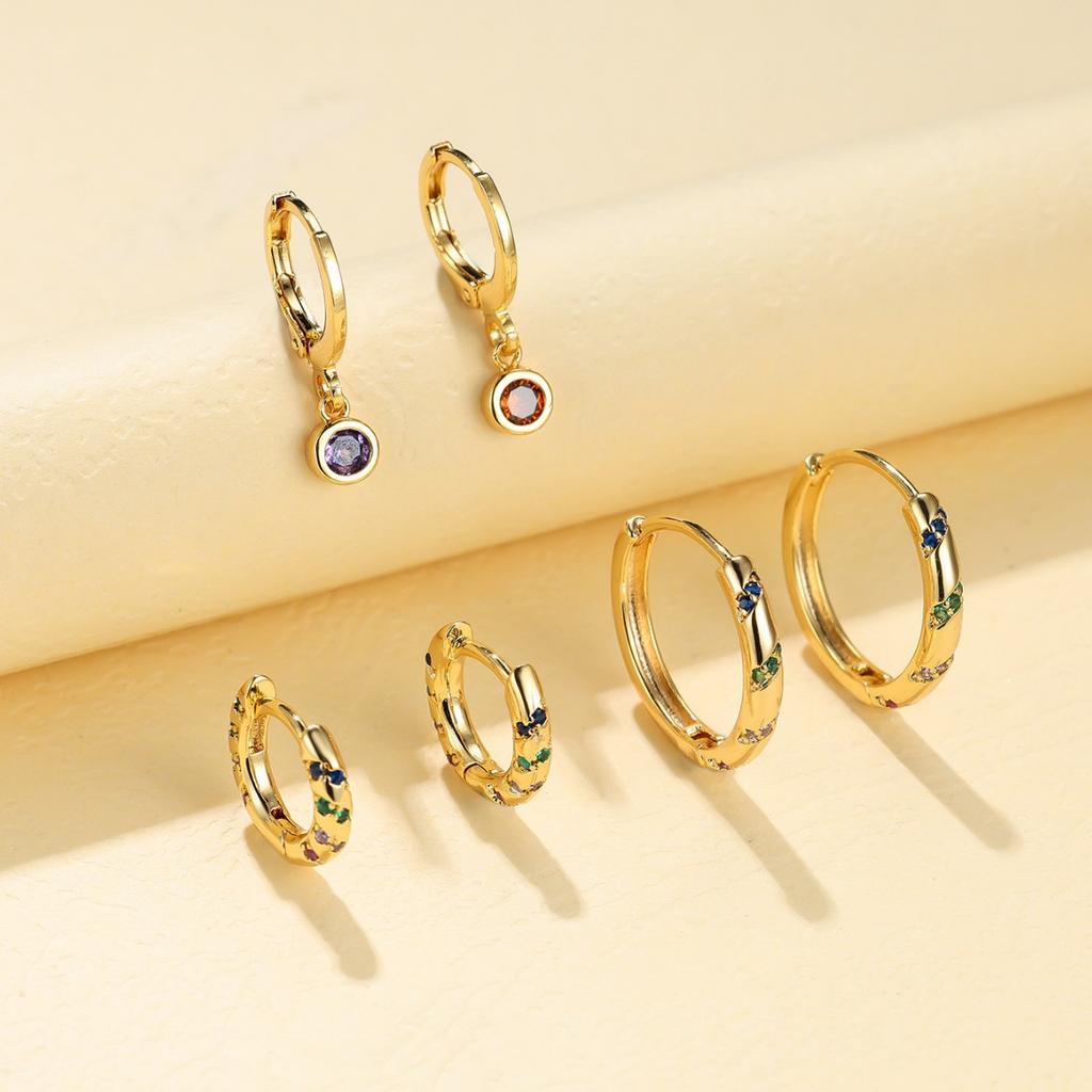Earring set, gold ring earrings embellished with colored treasures, six-piece set of versatile earrings.