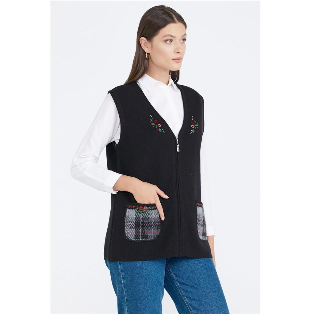 Sementa Embroidery Detailed Pocket Zippered Wool Knitwear Women's Vest