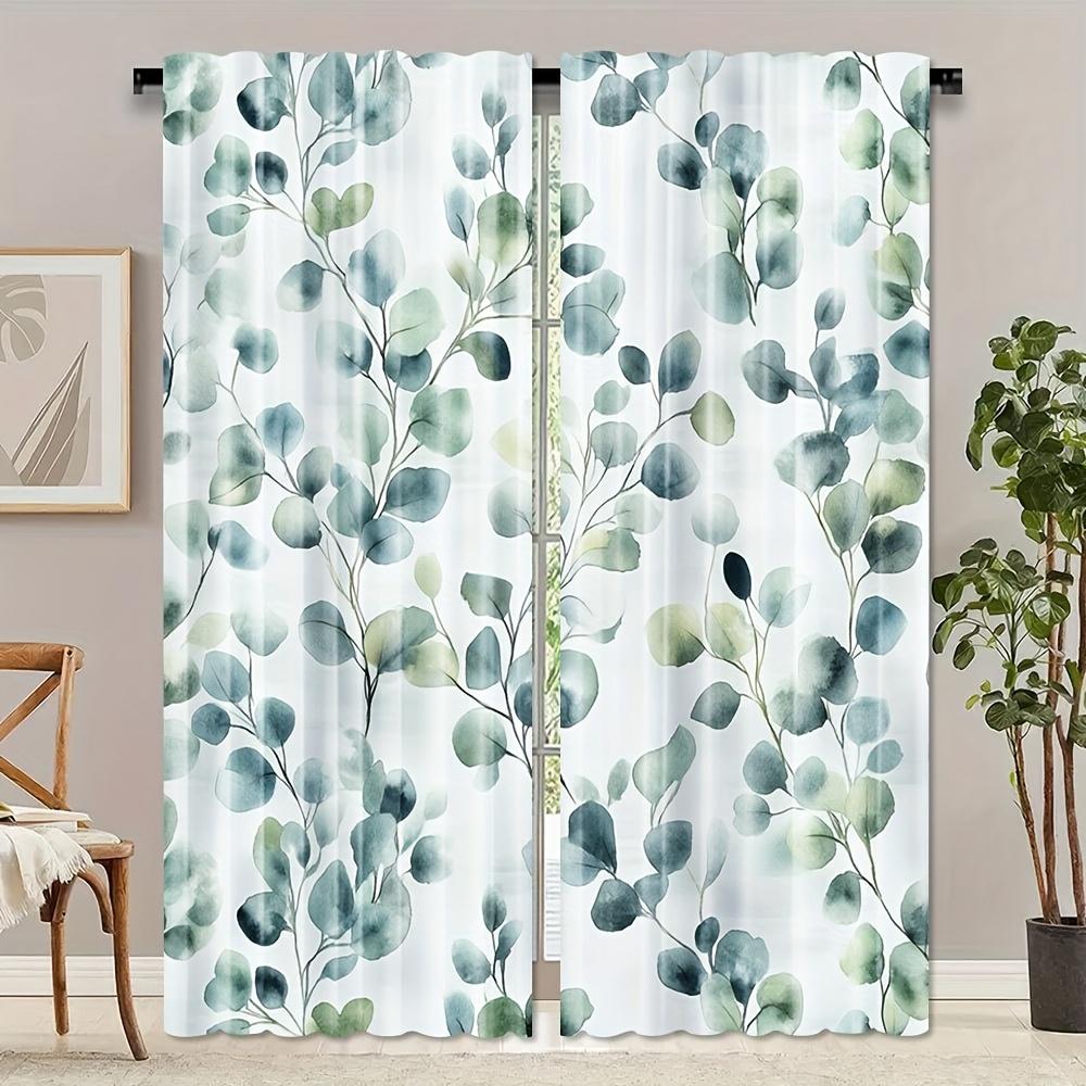 2-Pack Sage Green Eucalyptus Floral Curtains - Machine Washable, Polyester Fabric, Suitable for Bedroom, Living Room