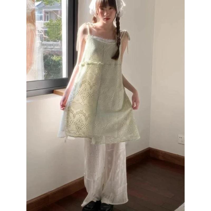 2024 Summer Loose Pants Vintage High Waist Sweet Embroidery Flower Pants Lace Hollow Out Y2k Aesthetic Casual Trousers Chic