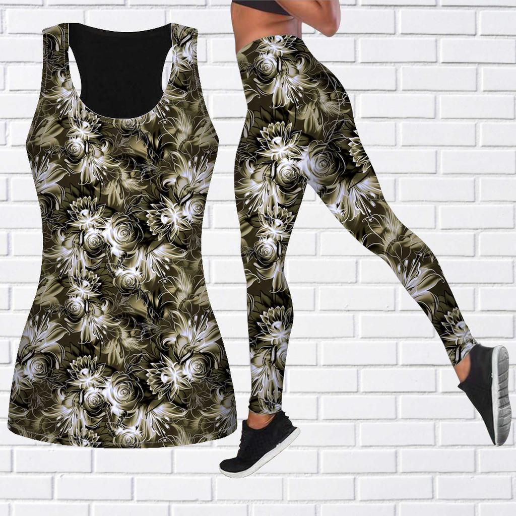 Flower Sea Rose Print Yoga Outfit for Women Fashion Workout Leggings Fitness Sports Casual Yoga Pants