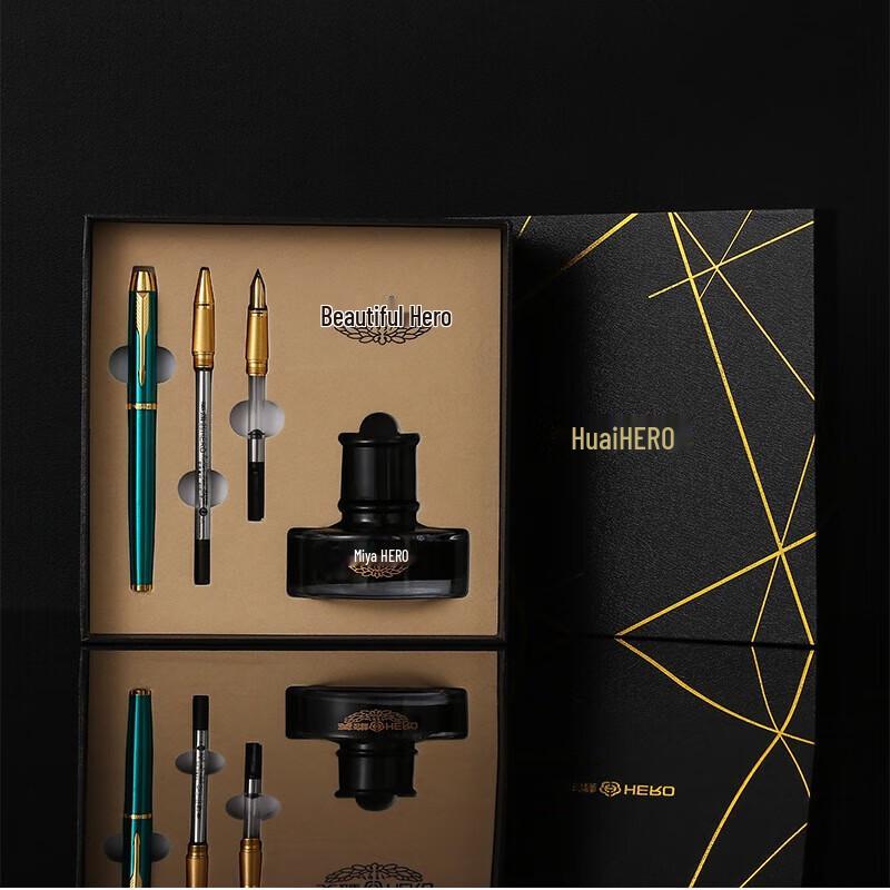 HERO 1802 Fountain Pen Gift Set with 3 Nibs and Ink, Black