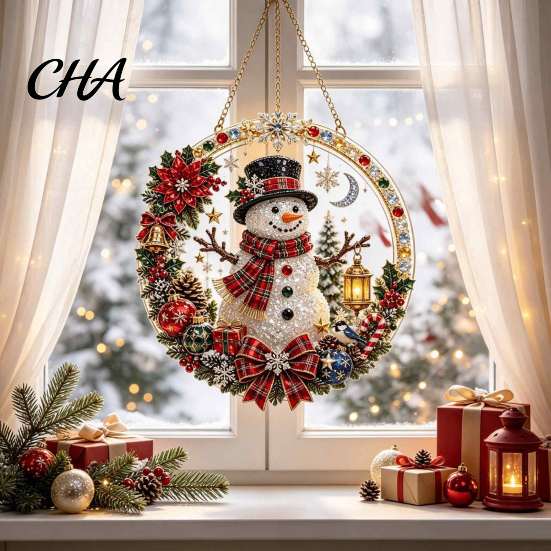 Seasonal Winter Room Decor Xmas Snowman Hanging Ornament, Round Acrylic Santa Reindeer Decorations for Home Christmas Door Sign Festive Window
