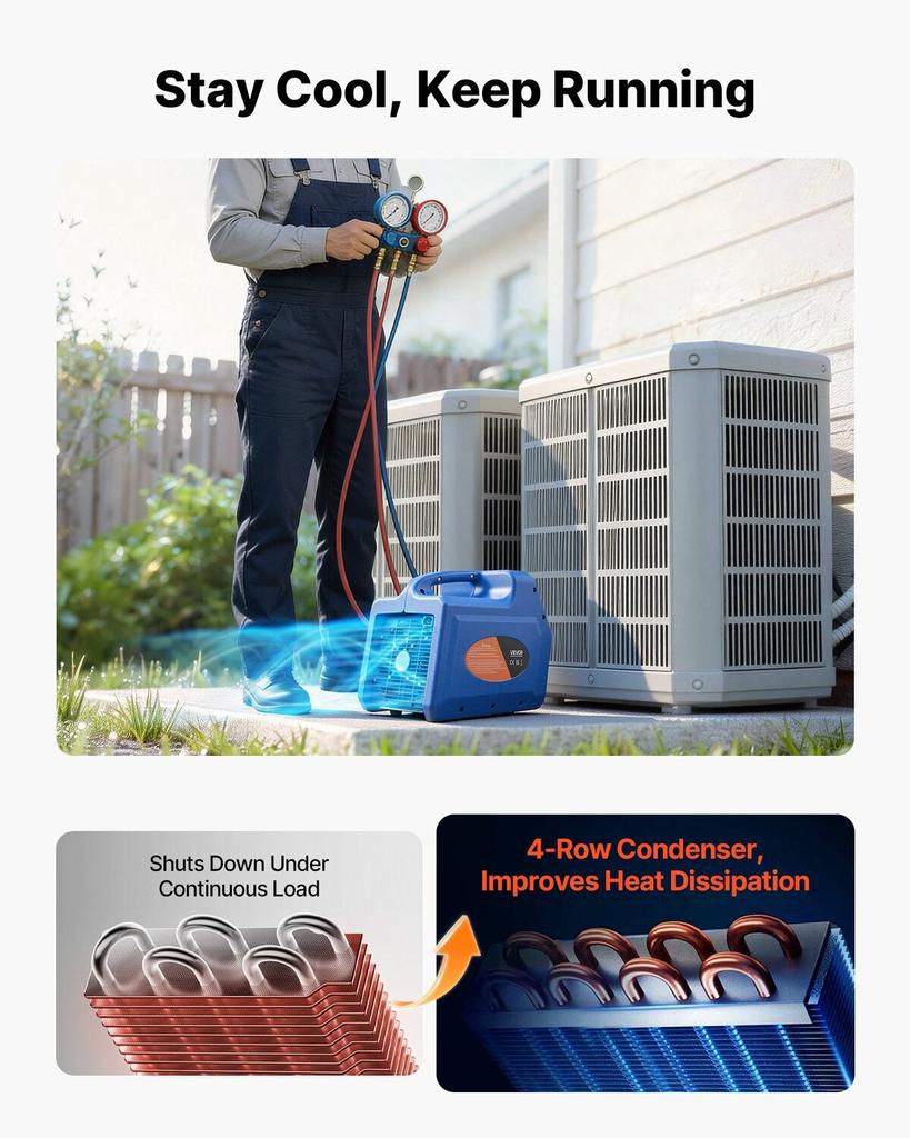 Portable Refrigerant Recovery Machine, 3/4 HP 220V 50Hz Single Cylinder AC Recovery Machine for Liquid Vapor Refrigerant, 1450 RPM Recycling Unit HVAC