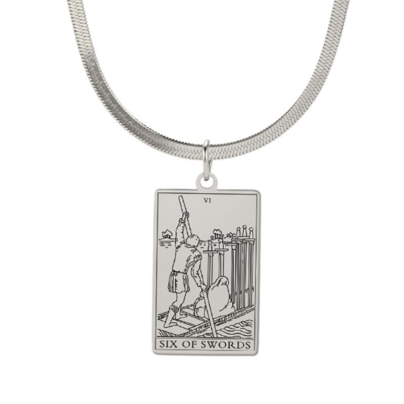 

Tarot Cards Necklace for Women Stainless Steel Snake Chain Suit of Swords Traditional Tarot Art Minor Arcana Amulet Jewelry steel color