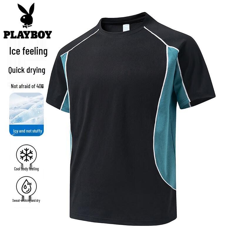 PLAYBOY Men s Ice-Feel Quick-Dry Color-Block Sport T-Shirt S
