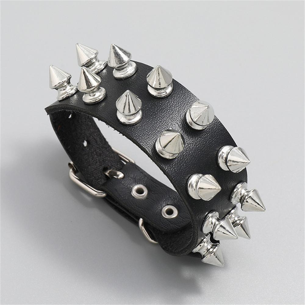 Pu Leather Studded Bracelet Punk Spike Rivets Cuff Metal Black Wristband Adjustable Cuff Bangle