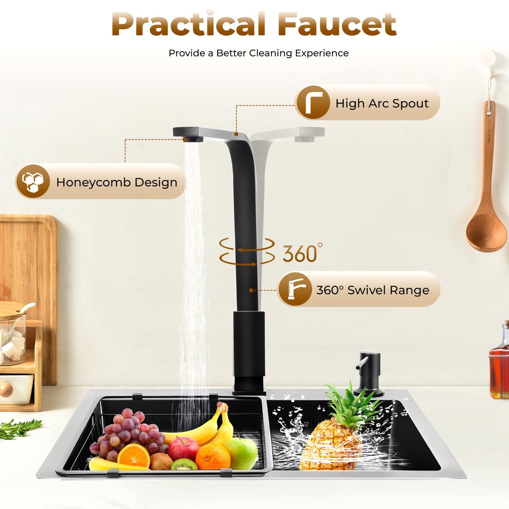16x12 Inch Stainless Steel Kitchen Sink – 201 Stainless Steel with Nano Coating – Complete Set with Faucet, Soap Dispenser & Drain Basket – Black/Grey