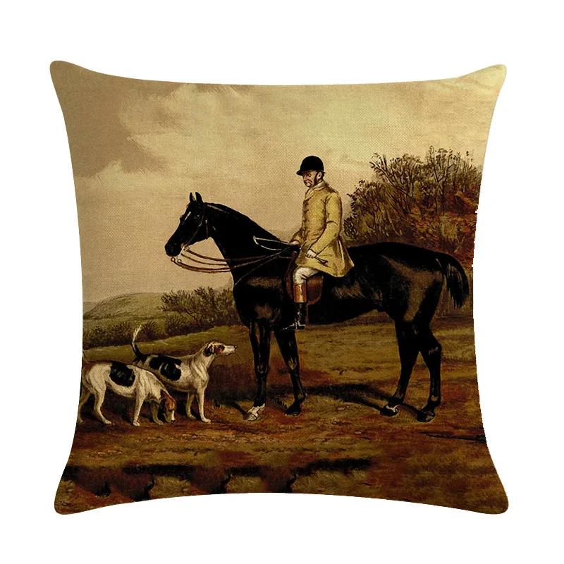 Retro Nostalgische Kunst Pferde-Druck Dekorative Kissenhülle Baumwolle Leinen Haus Auto Sofa Kissenbezug Heimdekoration 45X45cm