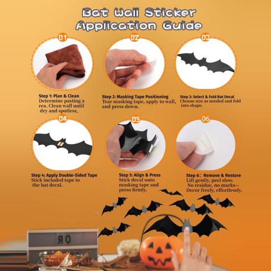 Halloween Bats Decorations Outdoor Indoor 3D Bat Stickers Horror Gothic Theme Paint-Safe Adhesive Waterproof Decals