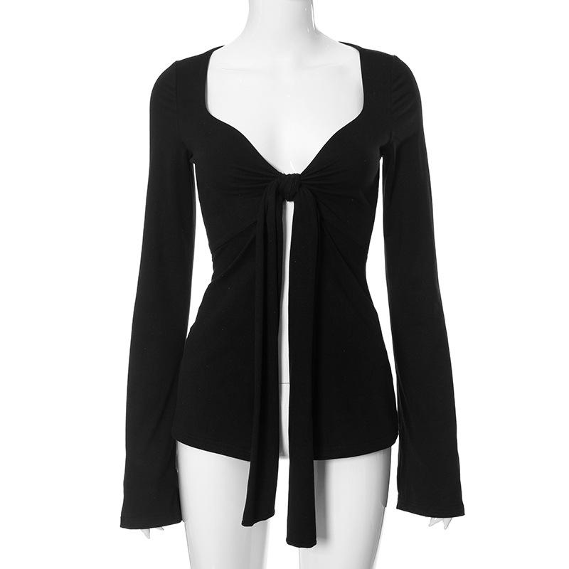 

YYFS женские модные повседневные весенне-осенние однотонные блузки и рубашки с длинным рукавом и v-образным вырезом с принтом S чёрный