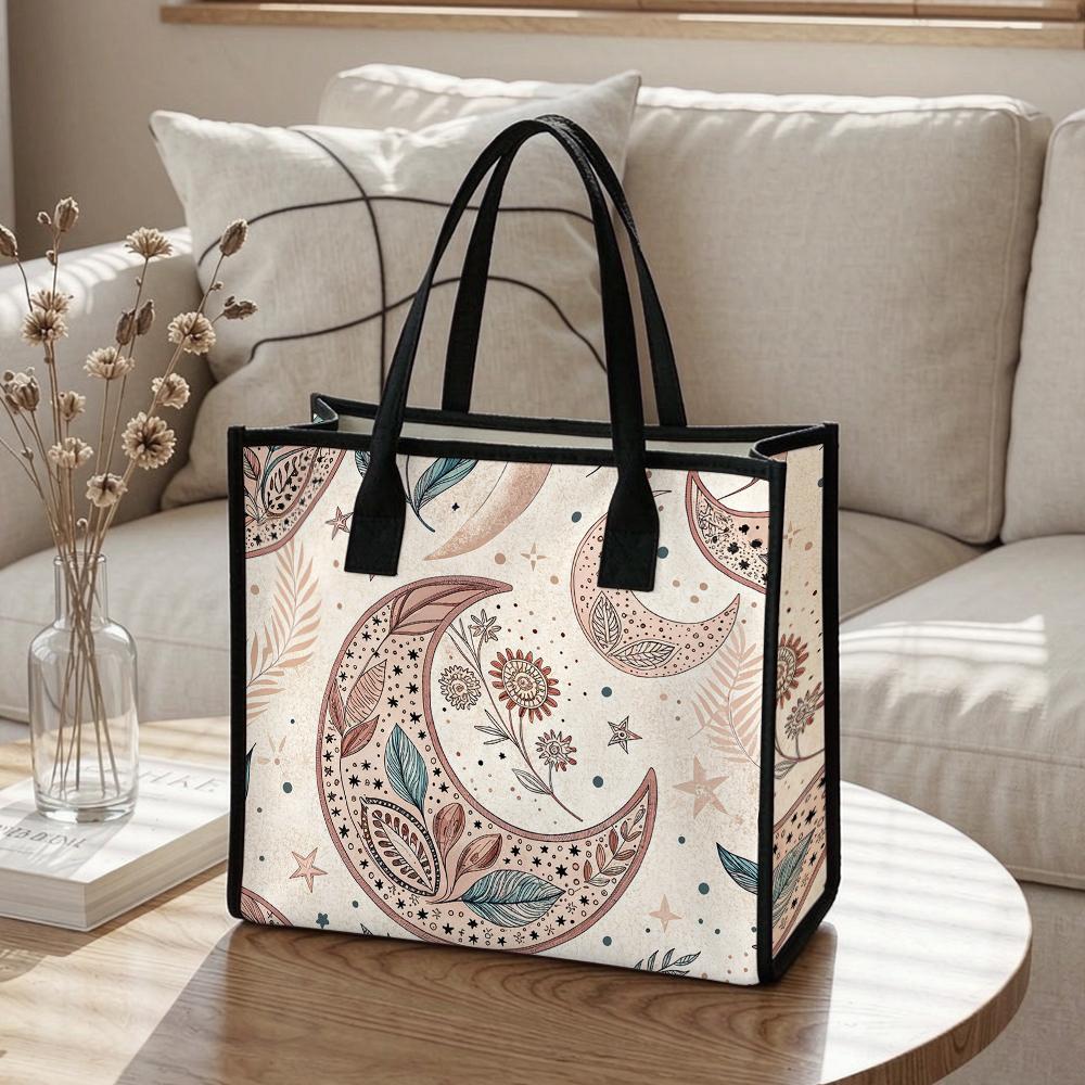 Boho Moon Pattern Tote Bag Fashion Casual Large Capacity Daily Shopping Handbag for Women Portable Lightweight Travel Shoulder Bag