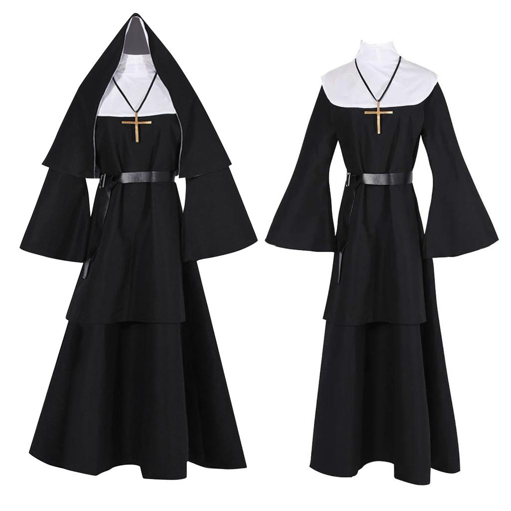 Kostým halloweenská jeptiška Cosplay 4dílná sada Kostým jeptiška + mys + pásek + náhrdelník cosplay kostým