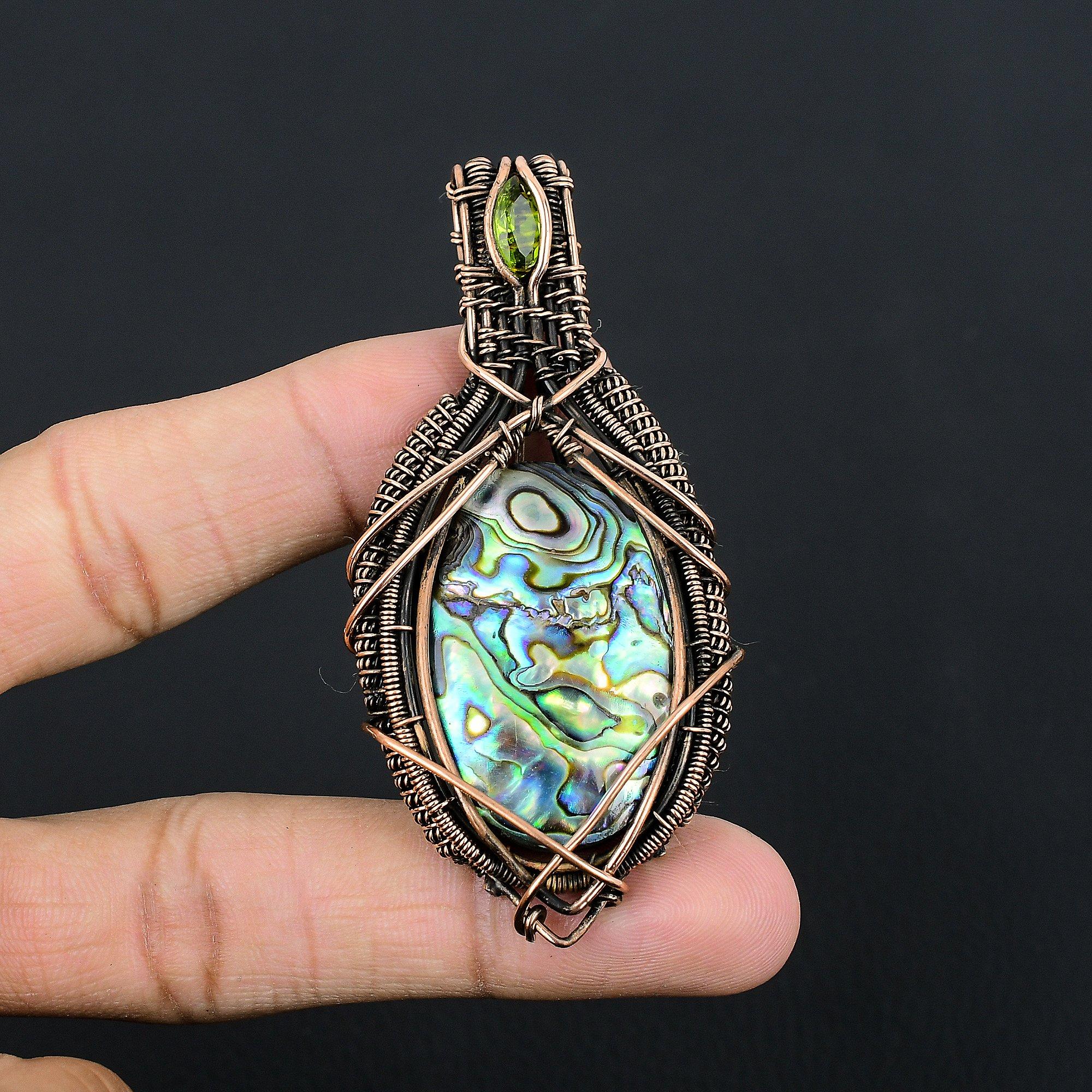 

Кулон из раковины абалона, обернутый медной проволокой 999 пробы, Ювелирные изделия с подвеской из драгоценного камня ручной работы, Подарки для жены, Совершенно новый кулон 2.55 Inches