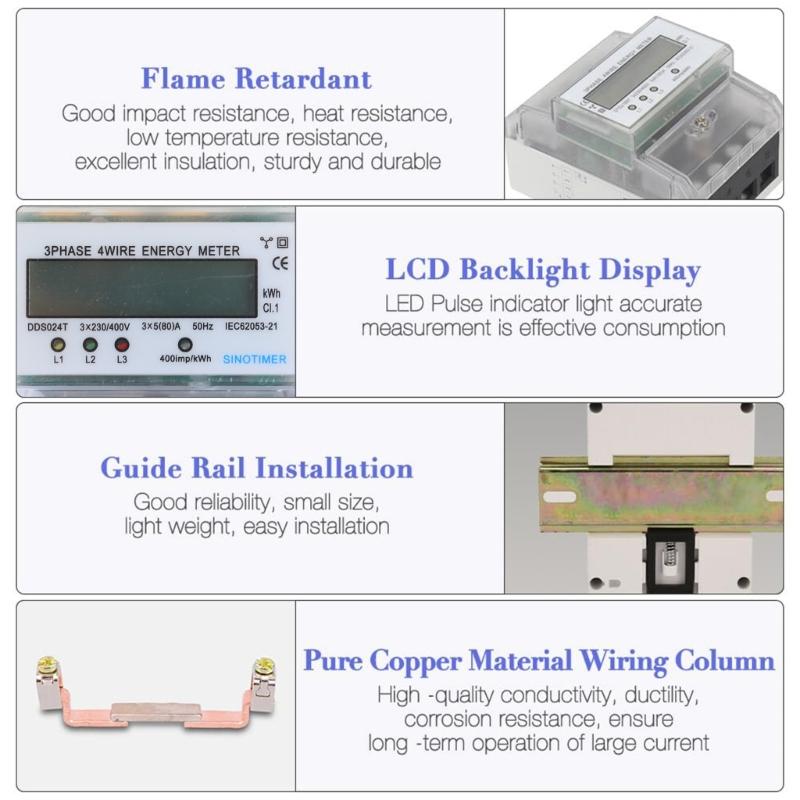 Digitaler Dreiphasen-Energiezähler, schienenmontierbarer Stromzähler zur Leistungsmessung, 380 V, einfache Installation, Kunststoff