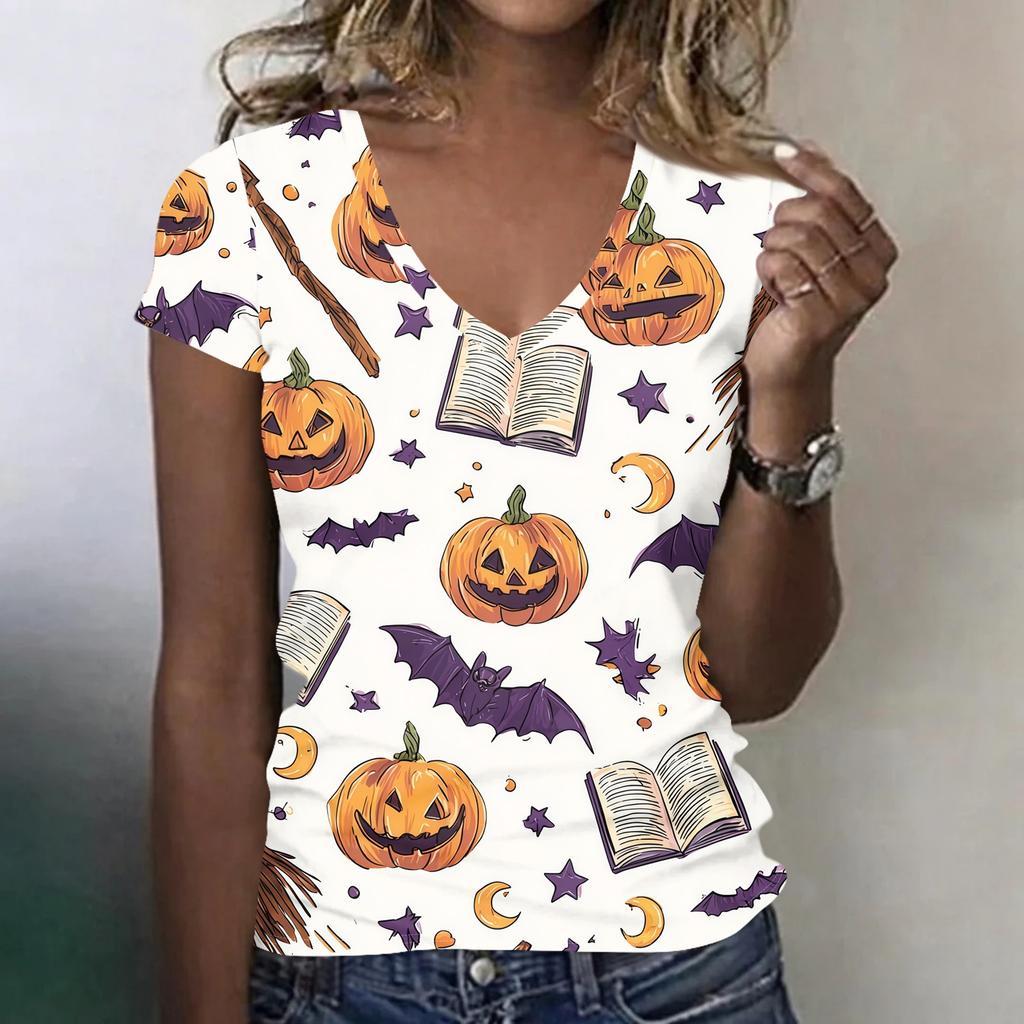Women's V-Neck Halloween Print Blouse Lightweight Spring Summer Top