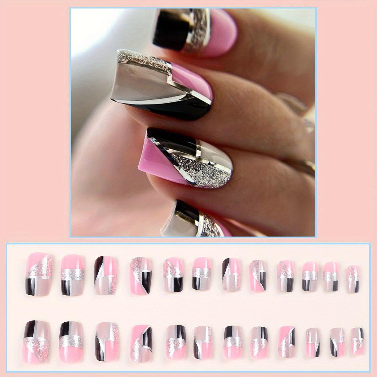 

24 шт. геометрических накладных ногтей с накладным эффектом - черные и розовые французские типсы с серебристыми блестками - полное покрытие, короткие квадратные накладные ногти Imported ABS