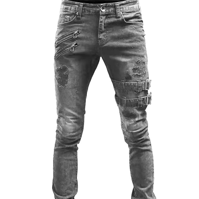 Biker Straight Elastic Jeans Men Zipper Hole Streetwear Punk Skinny Denim Cargo Pants Pantalones Clothing