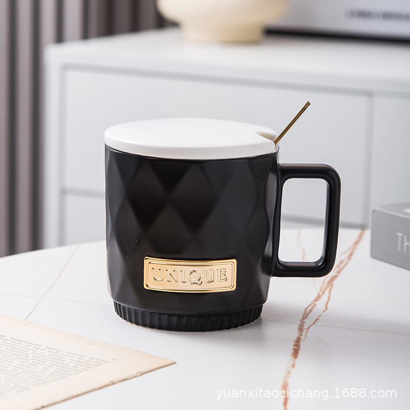 Cross Border Nordic Diamond Diamond Lattice Ceramic Mug Simple White Tie Lid Spoon Coffee Mug Office Home Cup