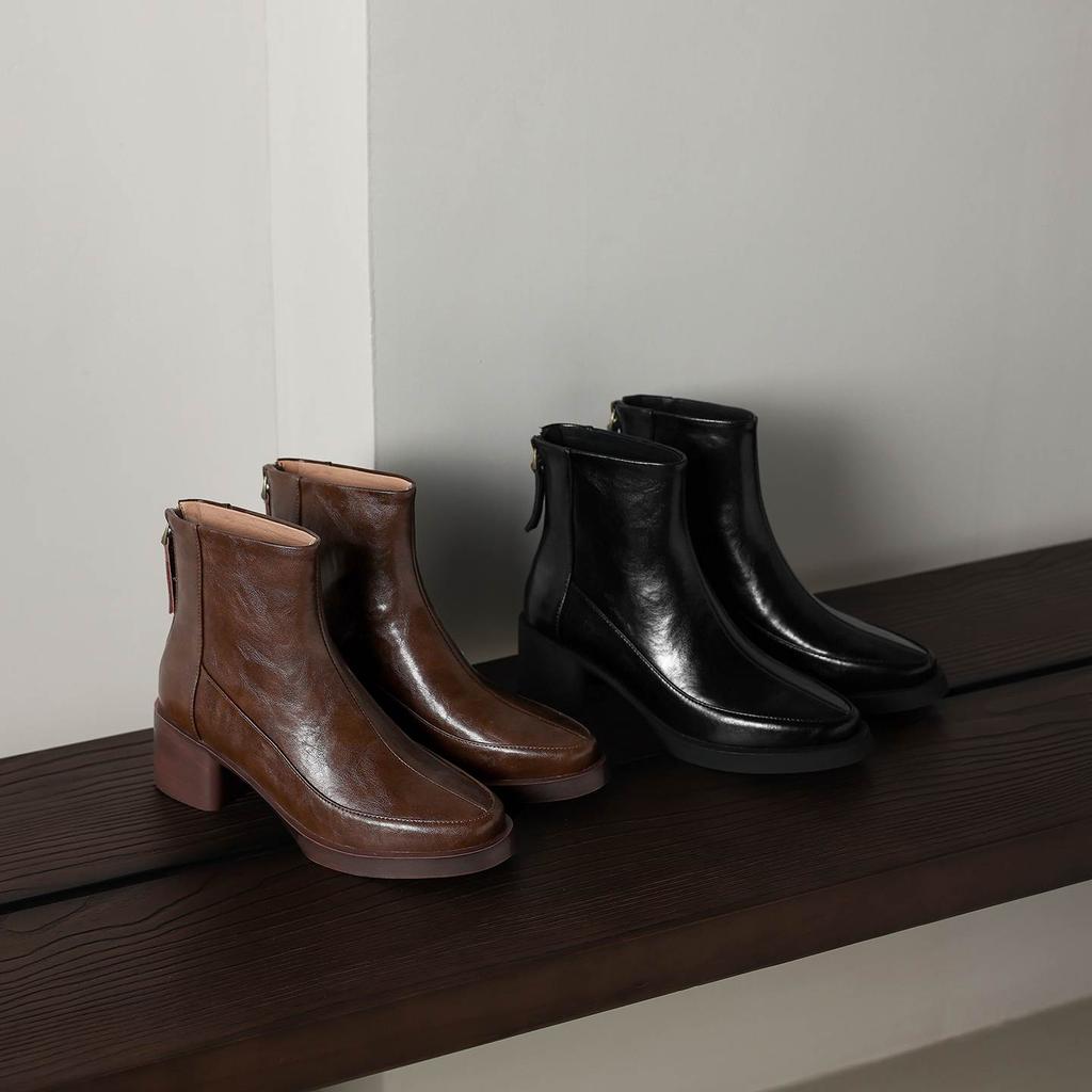 Krazing Pot Cow Skin Winter Round Toe Chunky Heels Motorcycle Boots Size 43 Zipper Women Platform Ankle Boots