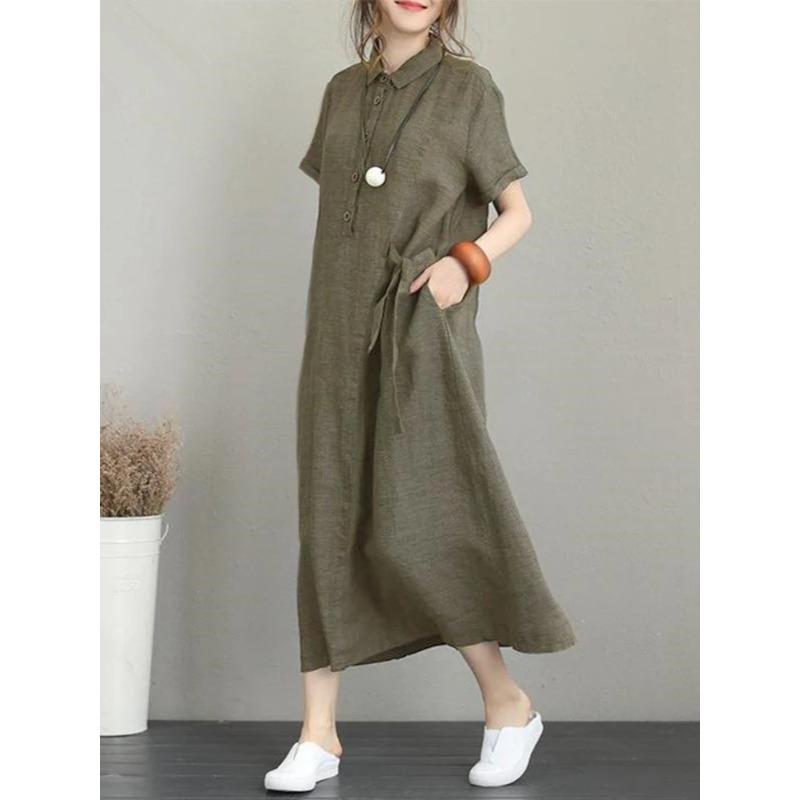 POLO Collar Cotton Linen Short Sleeved Loose Pocket Temperament Women's Casual Dress Black Summer Dress Women White Dress
